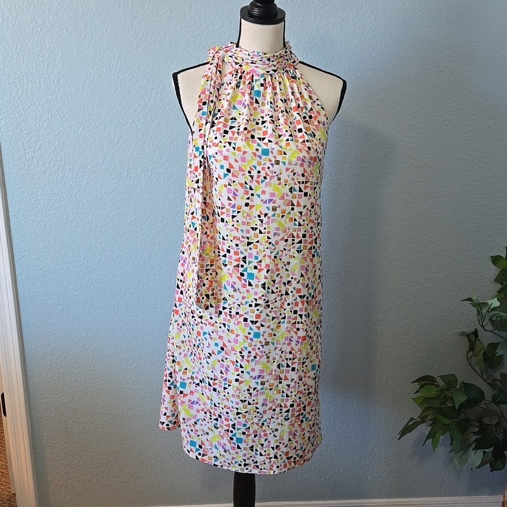 CECE Tie Neck Halter Shift Knee Length Dress in Candy Gem Multi Color Print Sz 8